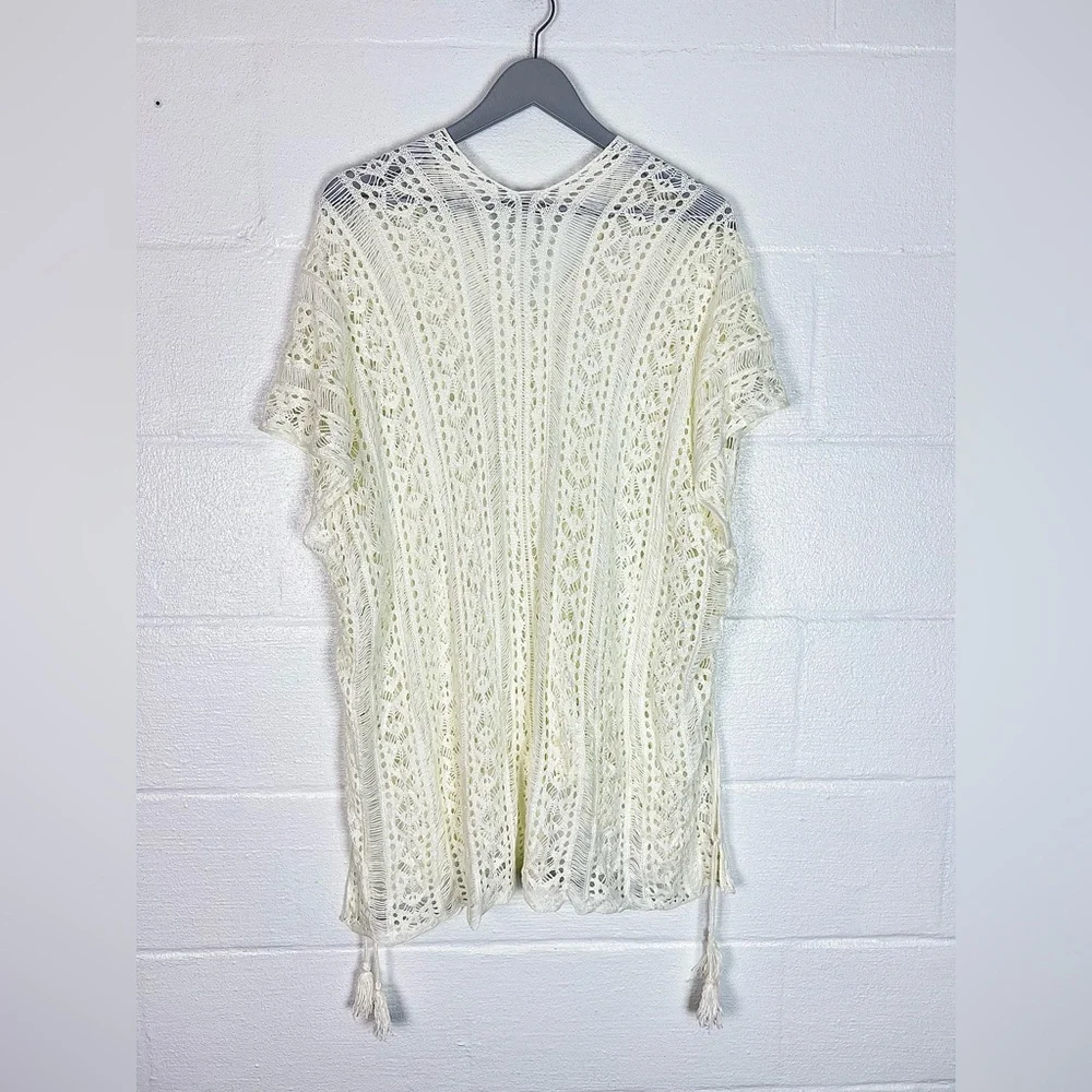 Crochet cotton cover up Ivory, one size lace up sides tassels‎ boho